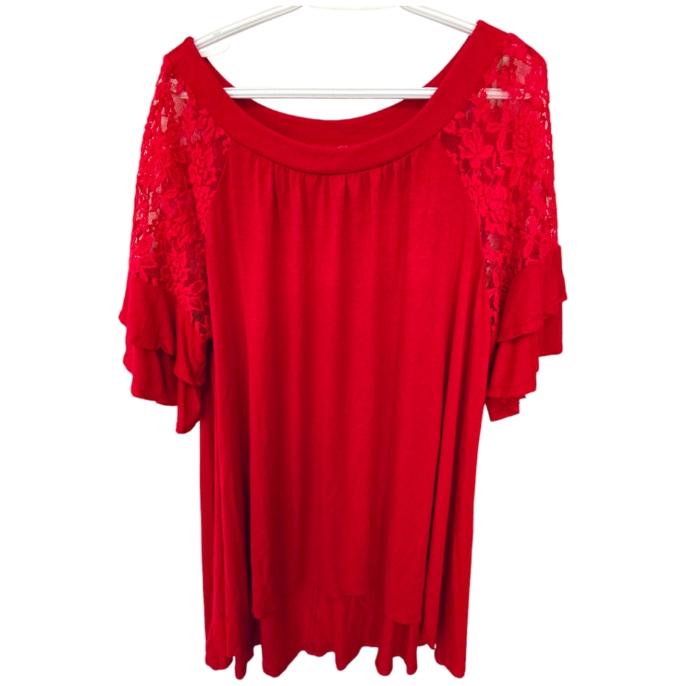 Emerald Plus Size 3X Red Short  Flutter Bell Sleeve Tunic Top Lace Inlay